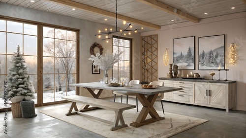 Bohemian Christmas dining room with live edge concrete look table and elegant holiday styling for Midwest homes