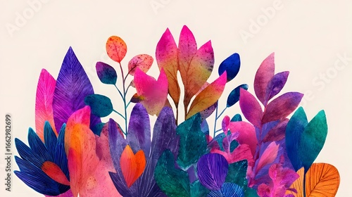 Visually striking arrangement of vibrant colorful flowers and foliage in a natural botanical composition