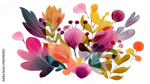 Vivid abstract floral composition featuring a variety of colorful blooms leaves and organic shapes against a white background