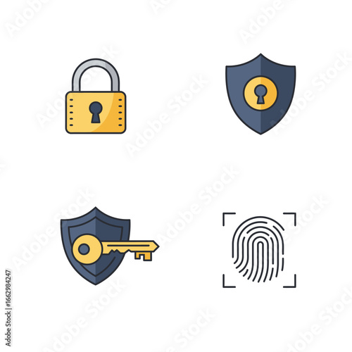 Flat design icon set for digital security, privacy, and data protection. Includes padlock, shield, key, and fingerprint for cyber safety and secure access solutions