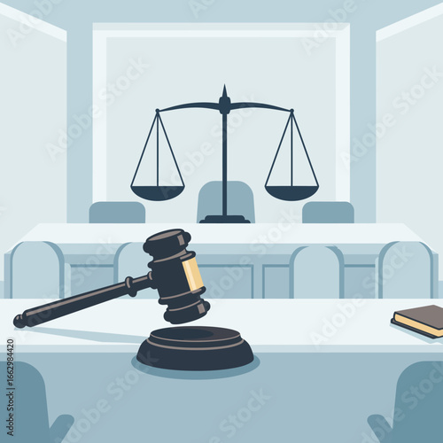 Empty courtroom scene with a wooden gavel and scales of justice symbolizing law and judgment