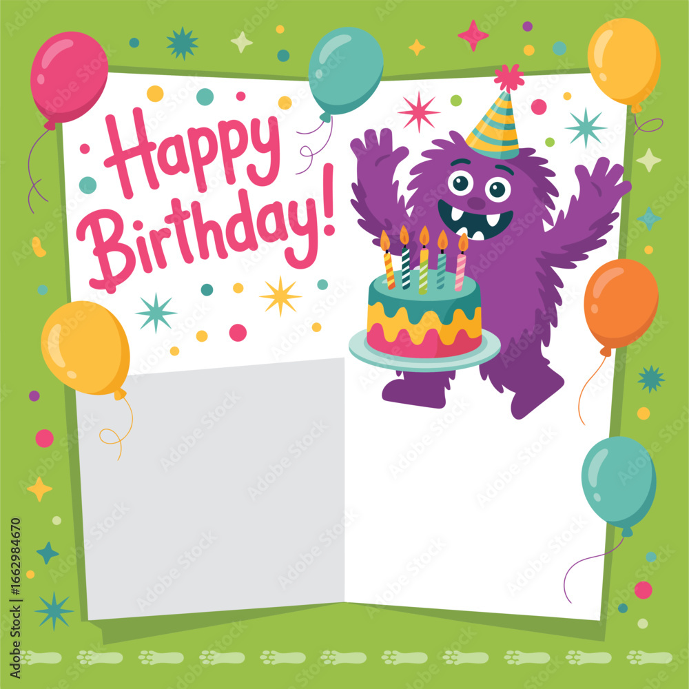 Fluffy purple monster with birthday cake and balloons greeting celebration candles Fluffy purple monster with birthday cake and balloons greeting celebration candles