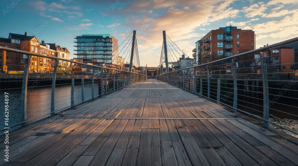 Obraz premium A wooden bridge spanning a river with a cityscape in the background.