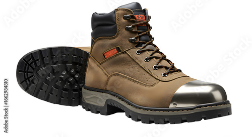 Leather work boot stands on black backdrop. Shows steel toe and lug sole for product photography, posters or shoe advertisement.