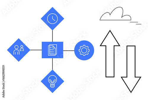Central document linked to people, clock, gear, and lightbulb icons plus cloud and arrows. Ideal for process management, teamwork, innovation, planning, organization cloud storage and simplified