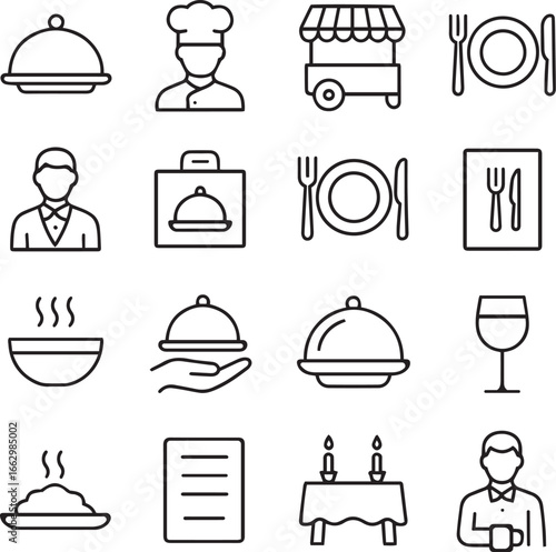 Catering line icon set. Catering service, food, delivery of ready meals, guest service, menu for event, banquet and more. Outline vector icon in linear style. Pictogram collection