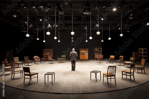 Solitary Man in a Dramatic Theatre Setup with Numerous Chairs in an Empty Room, Bathed in Atmospheric Lighting for a Stage Performance Scene