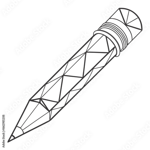 Abstract geometric pencil drawing with a faceted body and eraser top on a white background