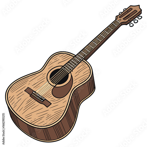 Acoustic guitar with a wooden finish and six strings isolated on a white background