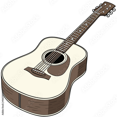 Acoustic guitar illustration with a light cream colored body and brown accents on a white background