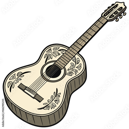 Acoustic guitar with decorative floral patterns on a white background