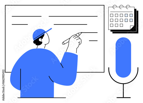 Worker preparing presentation on whiteboard with pen while referring to a calendar and speaking into a microphone. Ideal for planning, scheduling, recording, education, organization, communication