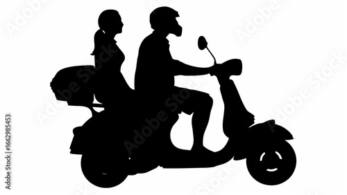 Silhouette of a man and woman riding a scooter with storage in black and white illustration art