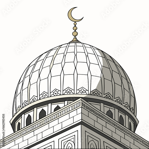 Close up illustration of a grand mosque dome topped with a golden crescent moon and star symbol