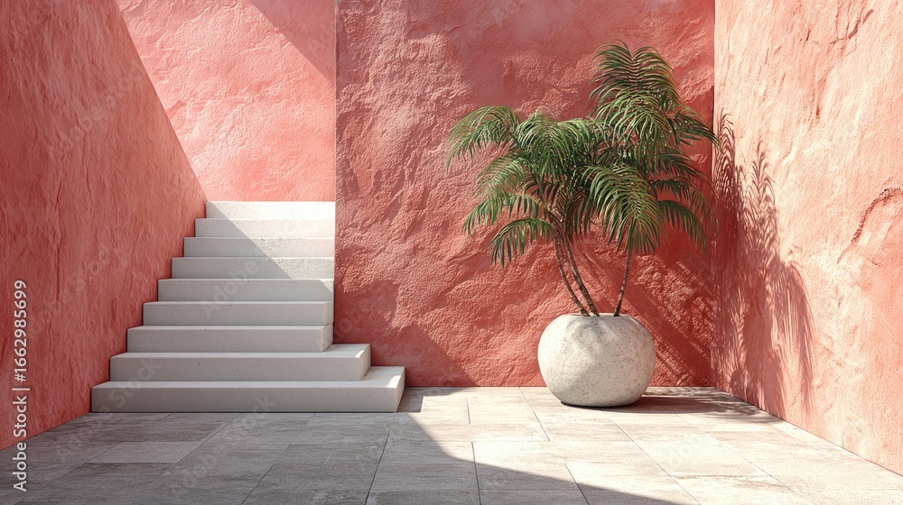 Obraz premium Sunny coral room with white stairs and plant