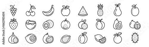 Fresh Fruits Icon Pack – Organic, Healthy, Natural Food Symbols Including Banana, Apple, Orange, Lemon, Grape, Cherry, Pineapple, Watermelon, Mango, Peach and Citrus Fruits