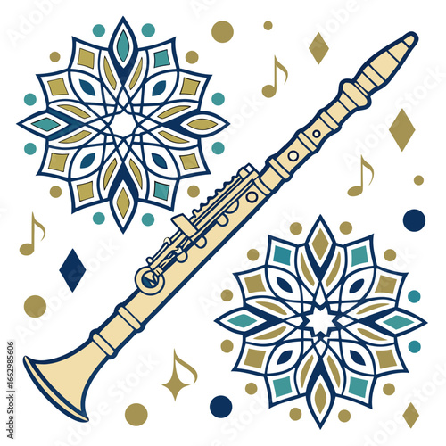 Elegant clarinet with decorative mandalas musical notes and geometric shapes on white background