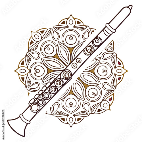 Elegant clarinet silhouette overlapping a detailed mandala design with brown and gold accents