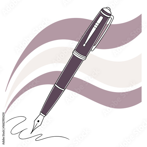 Elegant fountain pen with a nib writing a signature on a white background with abstract purple waves