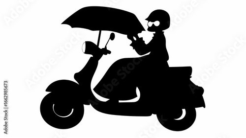 Silhouette of a person with glasses and helmet riding a scooter under an umbrella in black and white style