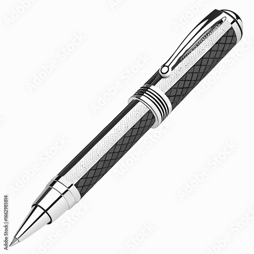 Luxurious black and white rollerball pen with textured grip and silver accents on a white background