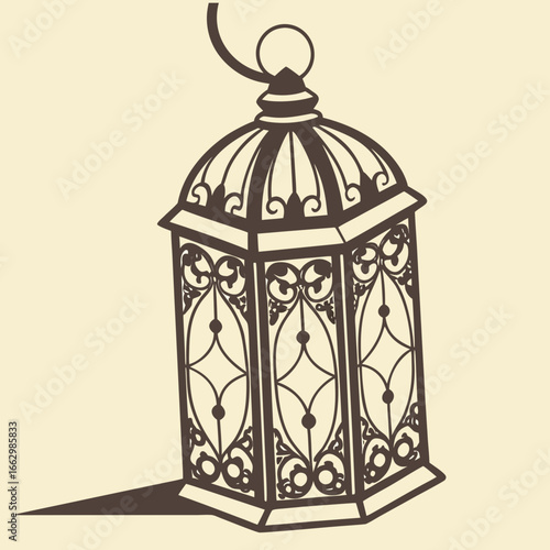 Ornate antique hanging lantern with intricate scrollwork and a cast shadow on a cream background