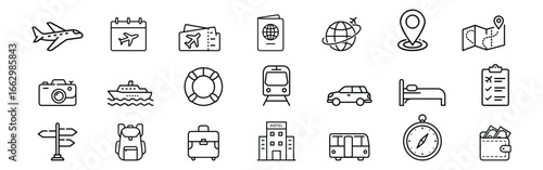 Modern Travel and Tourism Icon Set – Airplane, Flight Ticket, Vacation, Navigation, Transportation, Hotel, Car, Bus, Train, Adventure and Trip Symbols