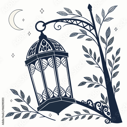 Ornate lantern hanging from a tree branch under a crescent moon and stars