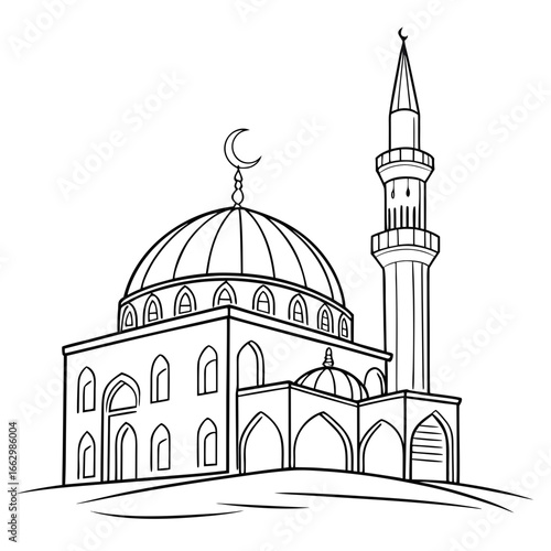 Stylized black and white line drawing of a mosque with a dome and minaret