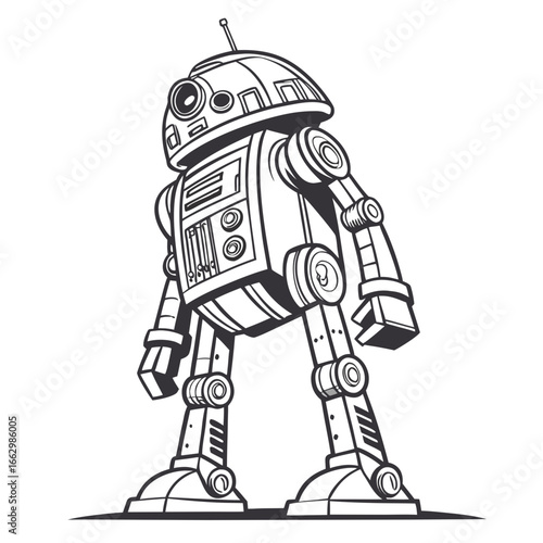 Stylized black and white illustration of a friendly droid with a domed head and articulated limbs