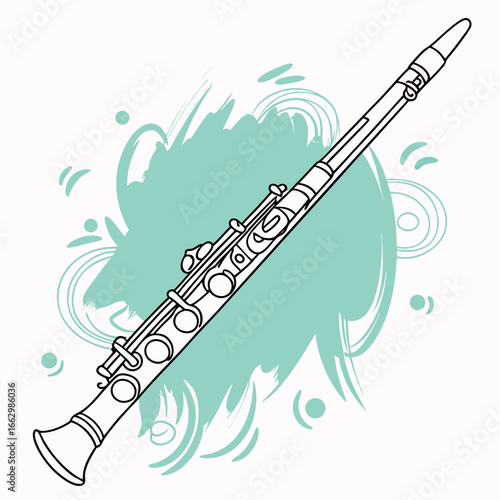 Stylized illustration of a black and white clarinet with a teal abstract background and musical notes