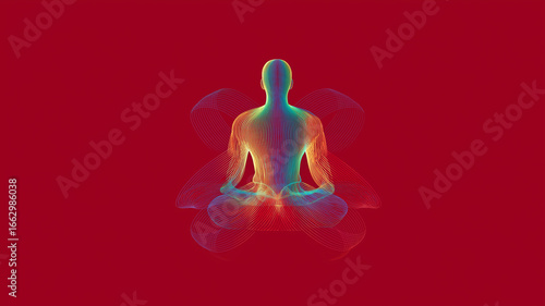 A dynamic display of colorful light stripes embodies an atom against a deep red background Generative AI