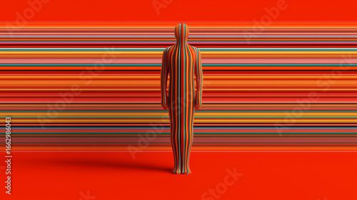 A striking figure adorned with vivid light stripes stands before a dynamic backdrop of red hues Generative AI