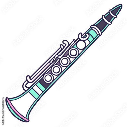 Stylized illustration of a clarinet with a modern color palette on a white background