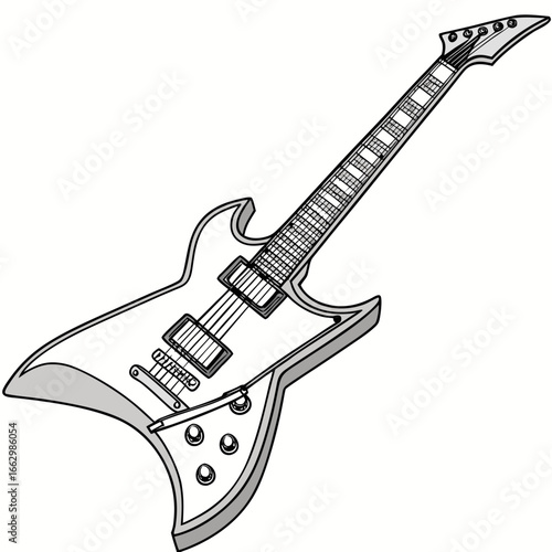 Stylized illustration of a black and white electric guitar with a sharp angular body and a detailed fretboard