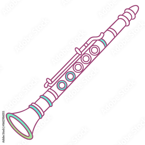 Stylized illustration of a purple and teal clarinet with a white background