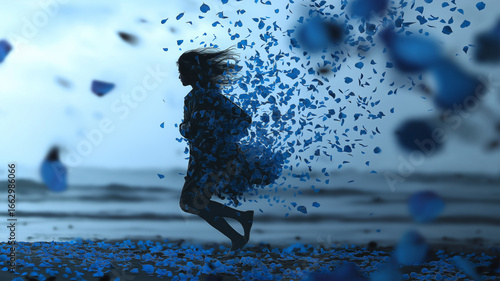 A figure stirs in blue petals, racing along the beach as twilight storms loom above Generative AI
