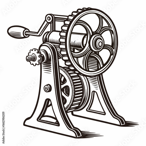Vintage hand cranked mechanical device with gears and a large wheel in a detailed engraving style