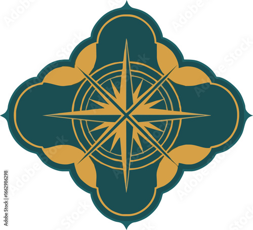 A stylized compass rose design, featuring a nautical star within a decorative, ornate frame.