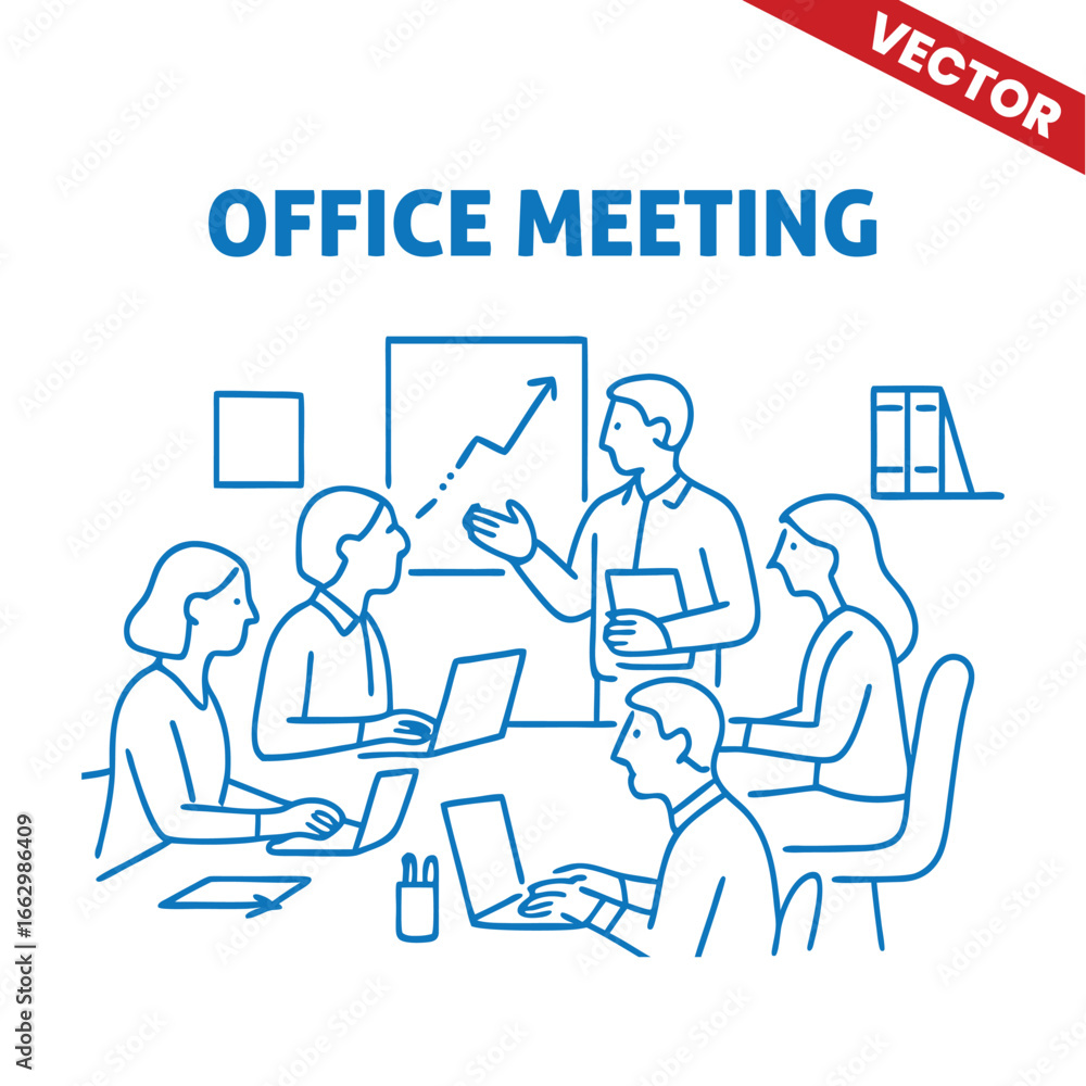 Fototapeta premium Office Meeting with One Person Presenting a Graph and Others Using Laptops - Outline Graphic Illustration