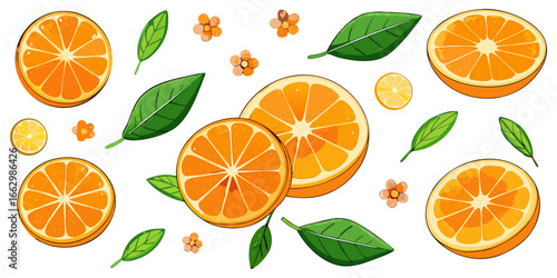 A flat lay arrangement of fresh orange slices and whole oranges on a clean white background. The orange slices are vibrant and juicy, arranged in a scattered, aesthetically pleasing pattern. Some of t