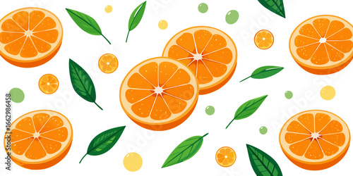 A flat lay arrangement of fresh orange slices and whole oranges on a clean white background. The orange slices are vibrant and juicy, arranged in a scattered, aesthetically pleasing pattern. Some of t