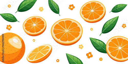A flat lay arrangement of fresh orange slices and whole oranges on a clean white background. The orange slices are vibrant and juicy, arranged in a scattered, aesthetically pleasing pattern. Some of t