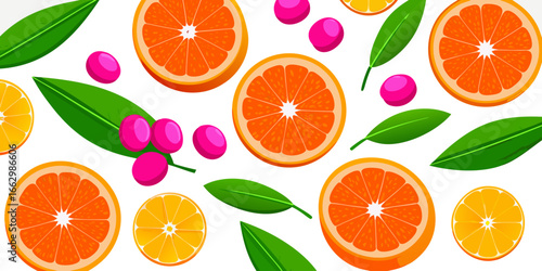 A flat lay arrangement of fresh orange slices and whole oranges on a clean white background. The orange slices are vibrant and juicy, arranged in a scattered, aesthetically pleasing pattern. Some of t