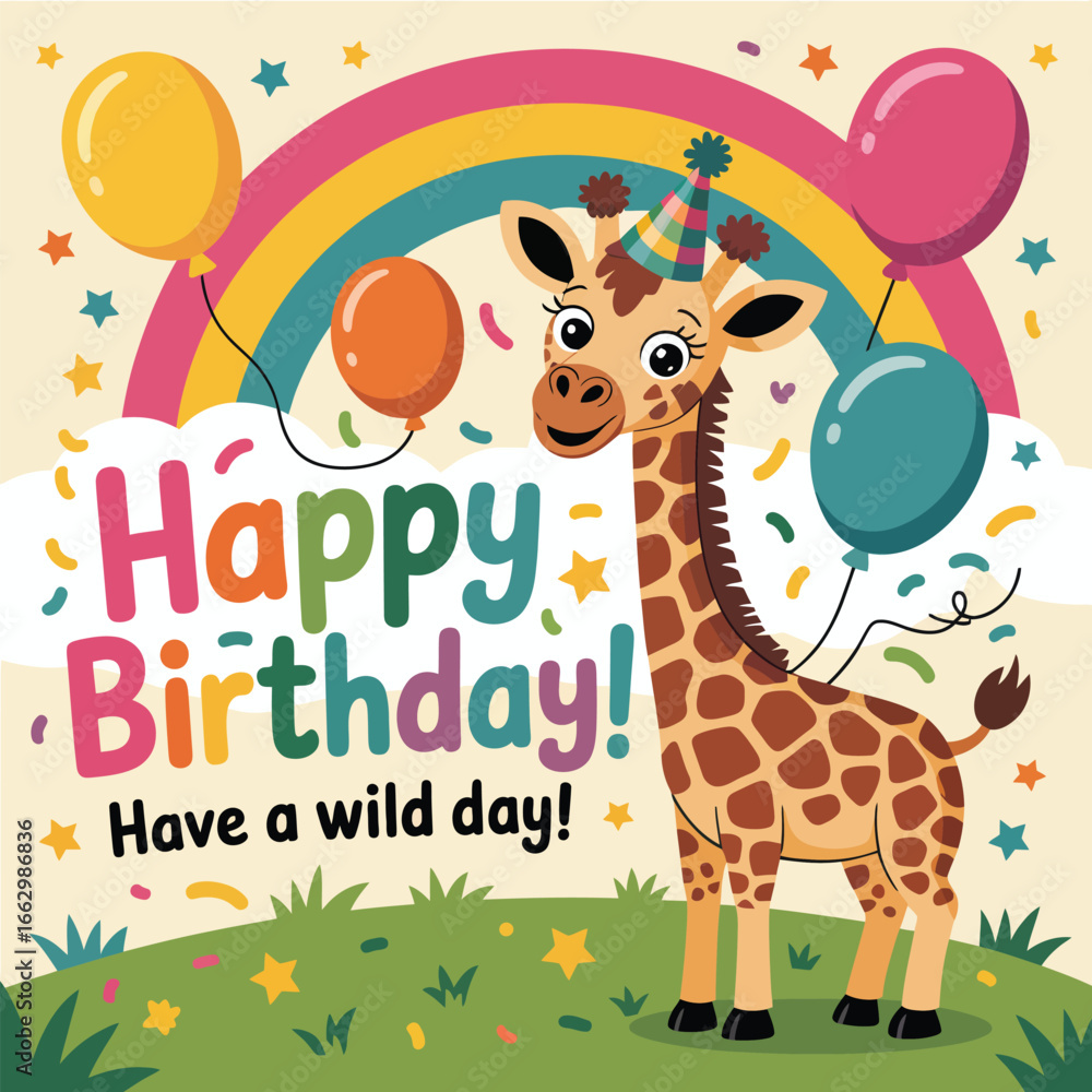 Fototapeta premium Happy Birthday giraffe with party hat and balloons have a wild day celebration