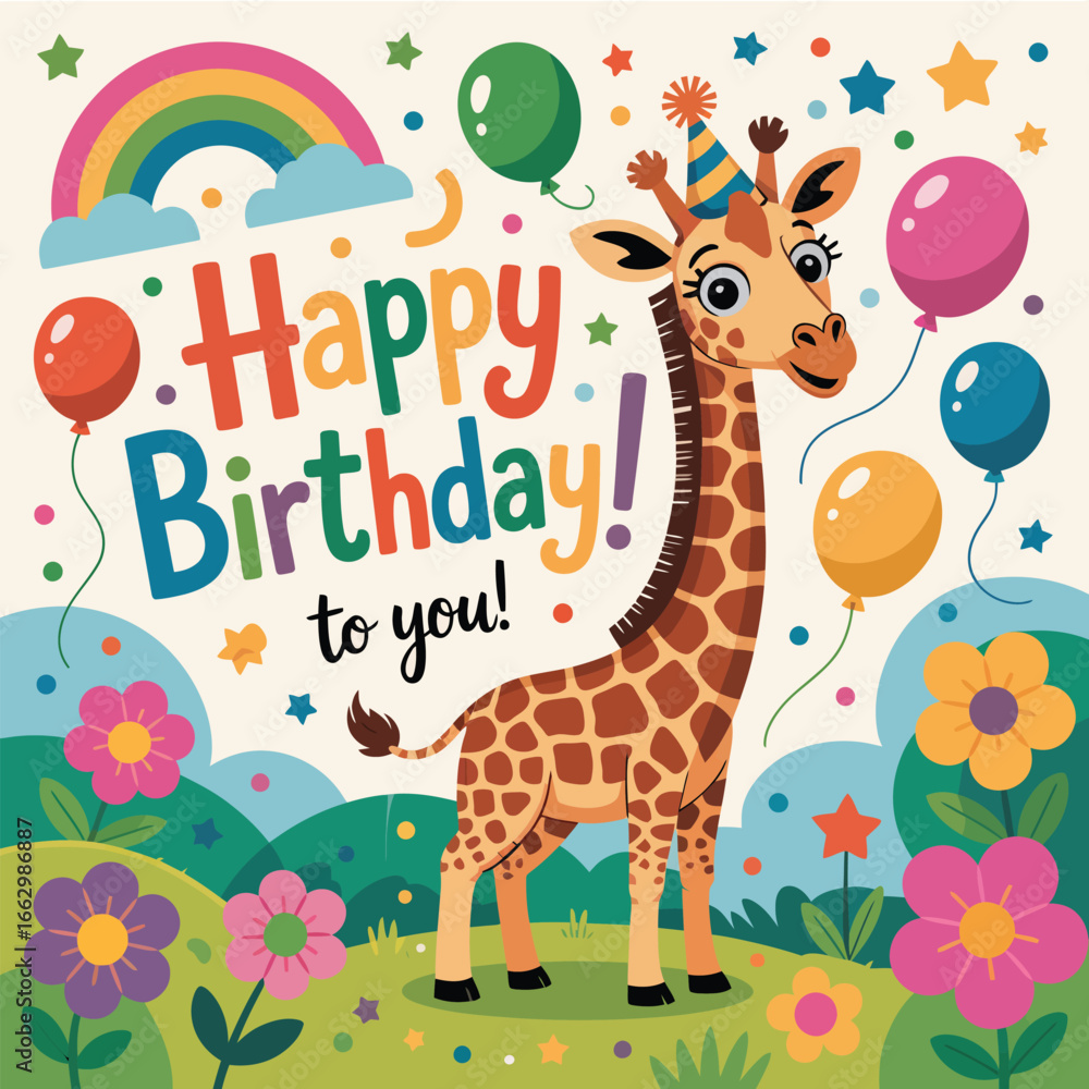 Fototapeta premium Happy birthday giraffe with rainbow, balloons and flowers on a festive card celebration