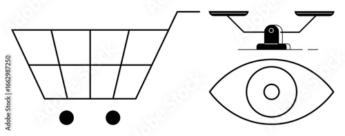 Shopping cart, an eye symbolizing vision or oversight, and scale representing balance or weight. Ideal for retail, consumerism, decision-making, monitoring, ethics, transparency simple flat metaphor