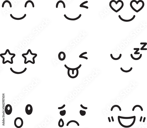 Minimal cute kawaii face icons in black and white line art style