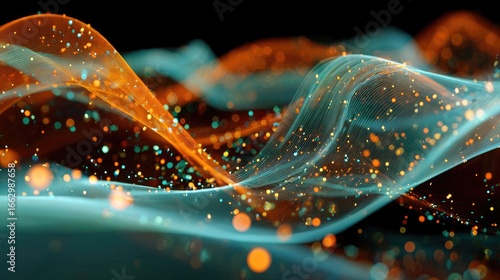 Abstract swirling lines of orange and teal, dotted with glowing particles against a black background