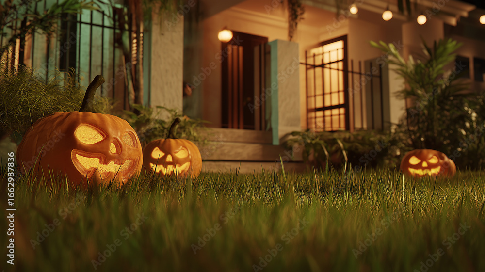 Obraz premium Glowing pumpkin lanterns cast eerie shadows, setting the mood for a fun Halloween celebration Generative AI